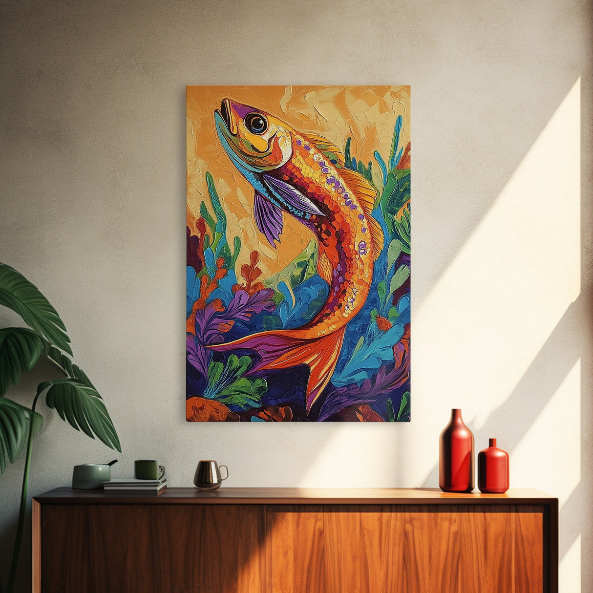 Colorful Tropical Fish, Ocean Wall Art, Coastal Sea Life Painting, Framed Canvas Print, Underwater Theme, Bathroom Decor, Bold Nautical Style