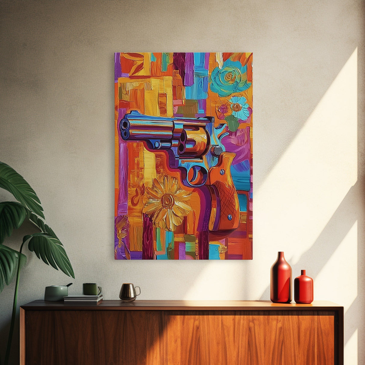Pop Art Revolver, Bold Gun Art, Urban Wall Decor, Framed Canvas Print, Eclectic Studio Wall Art, Psychedelic Style, Colorful Abstract Art