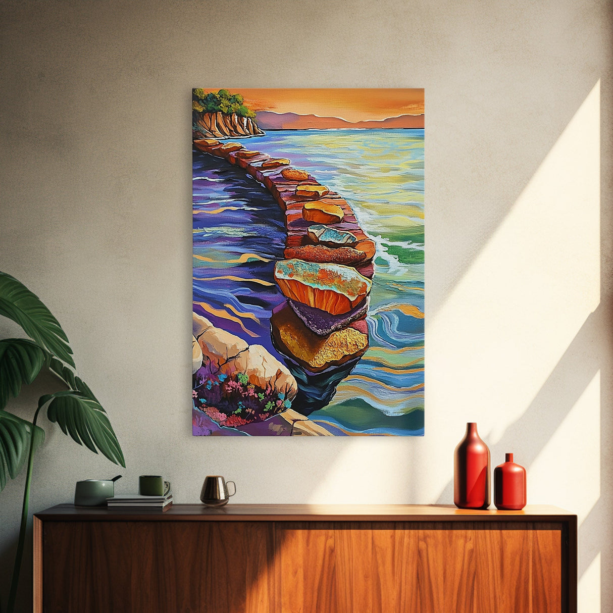 Sunset Rock Path, Ocean Wall Art, Serene Coastal Scene, Framed Canvas Print, Bohemian Living Room Decor, Water Landscape Painting