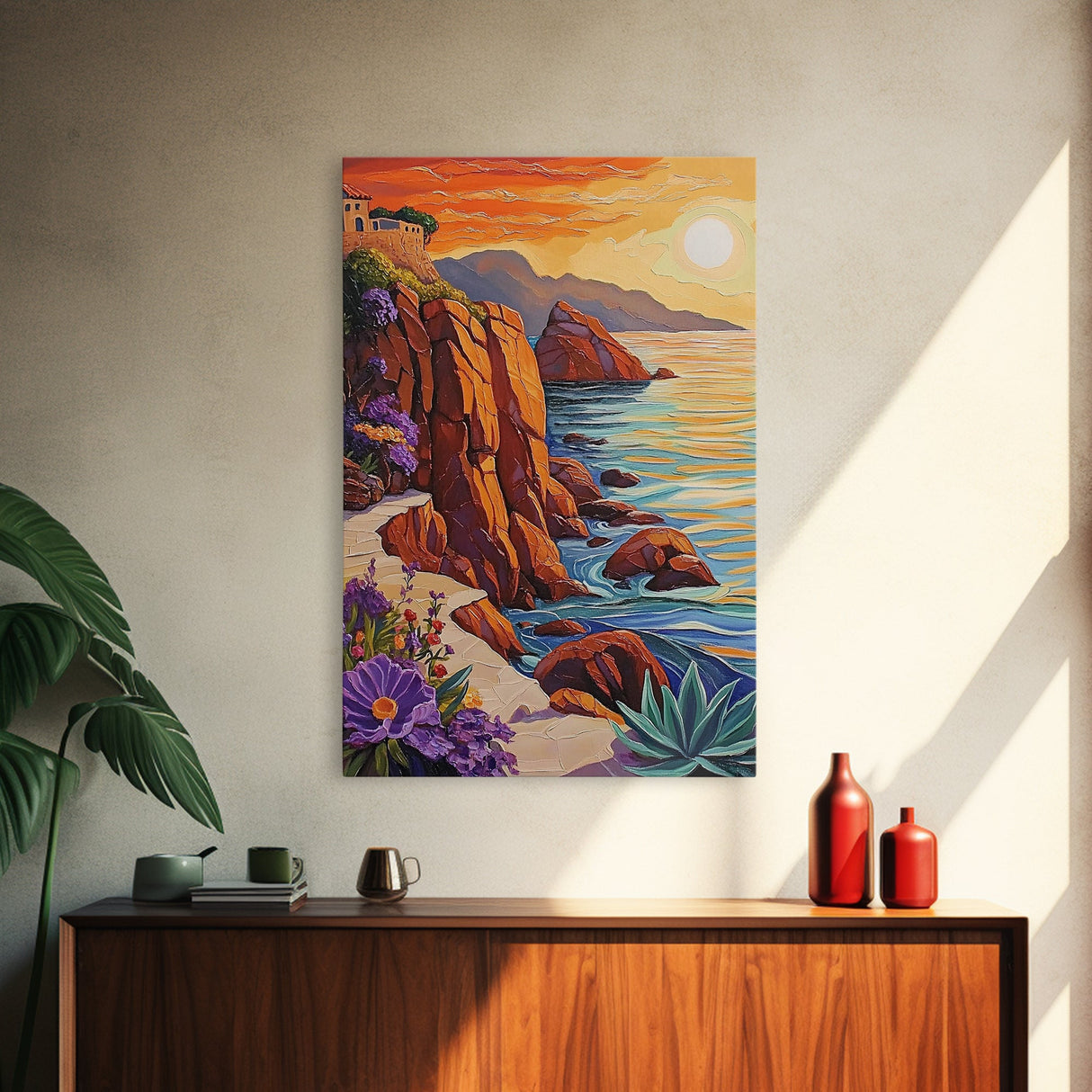 Sunset Coast, Rocky Shore, Ocean Glow, Golden Hour, Framed Canvas Print, Living Room Wall Art, Nature Landscape Decor, Coastal Fall Artwork