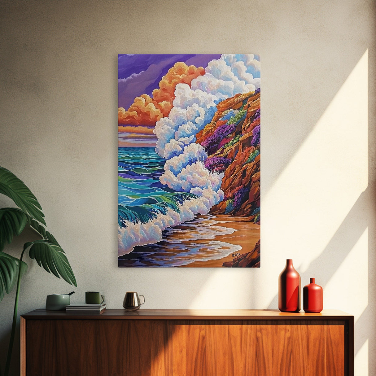 Ocean Wave, Sunset Sky, Rocky Coast, Vibrant Sea — Framed Canvas Print beach wall decor, colorful ocean art, coastal living room wall art