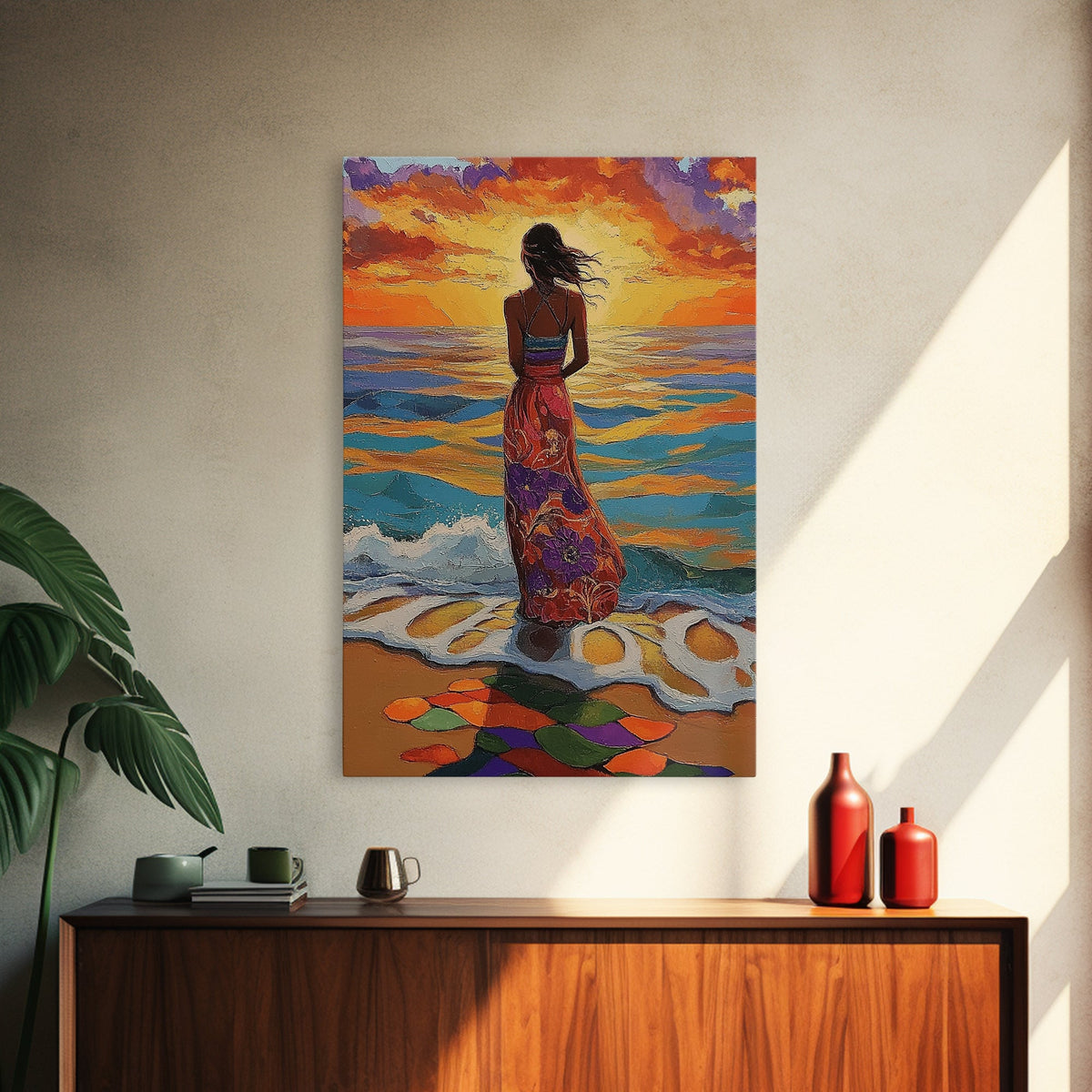 Sunset Beach Woman, Ocean Waves Art, Boho Coastal Decor, Tropical Wall Art, Canvas Print, Living Room Accent, Vibrant Beach Scene
