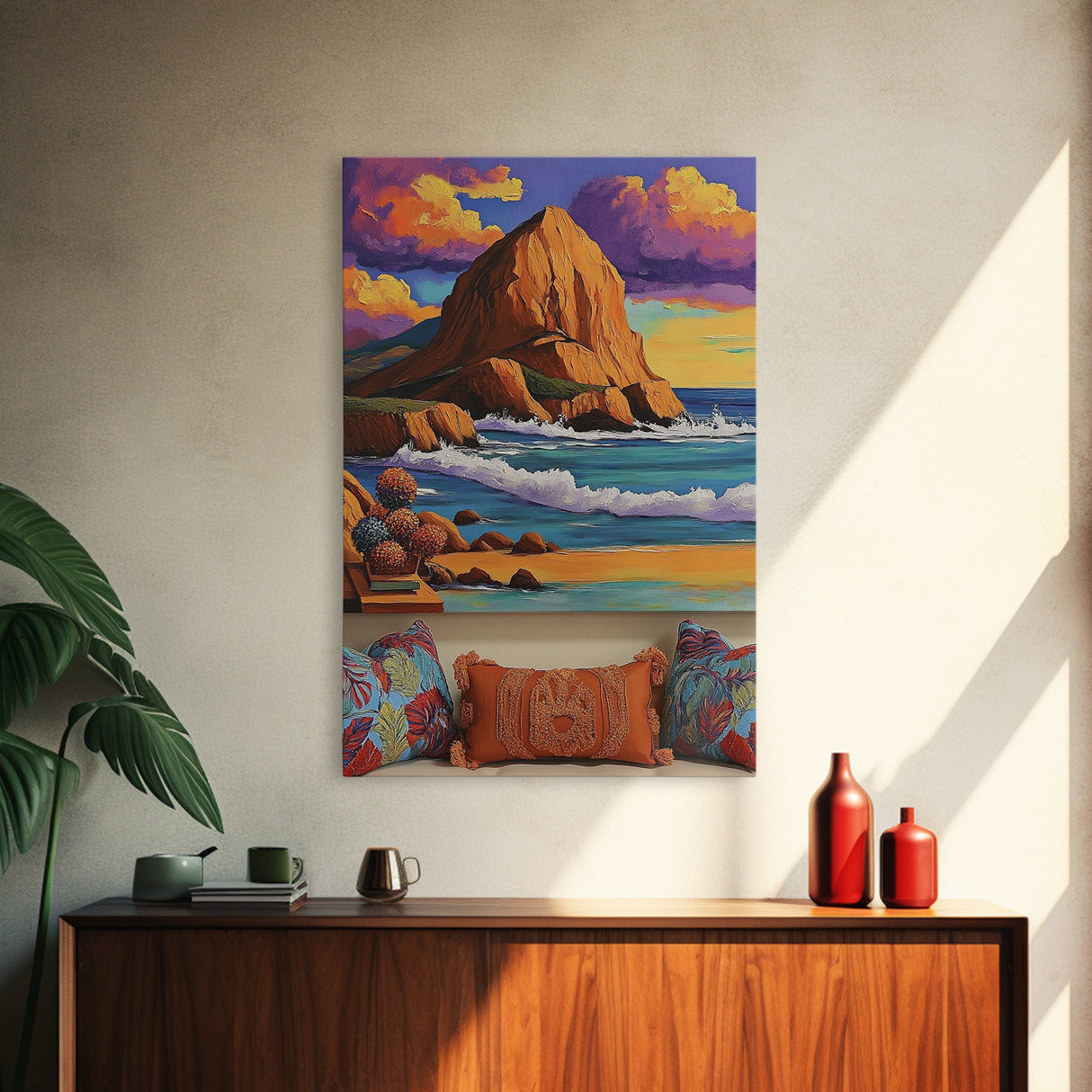 Sunset Beach, Cliffs, Waves, Framed Canvas Print vibrant coastal wall art, beach house decor, ocean cliffs, boho style, living room wall art