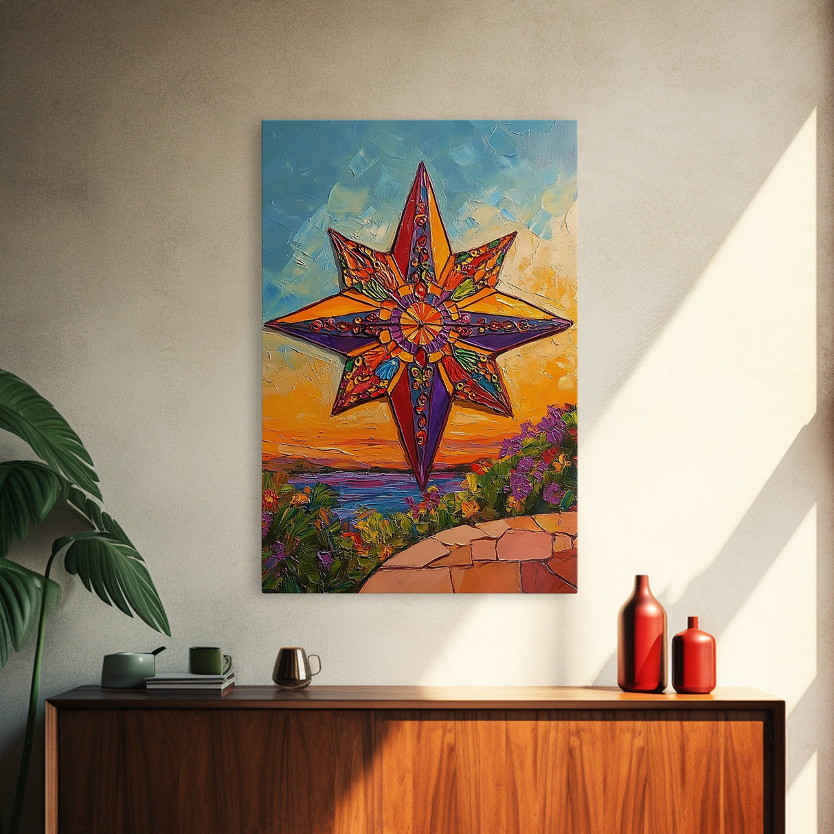 Colorful Starburst Sky, Sunset Mosaic Star Art, Vibrant Landscape Design, Canvas Print, Fall Living Room Decor, Boho Wall Accent