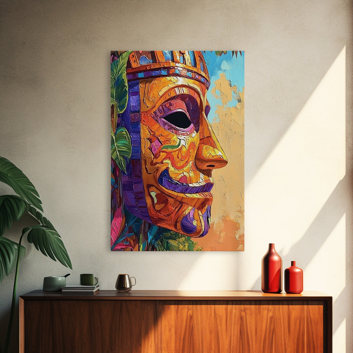 Tribal Mask Side, Exotic Face Wall Decor, Canvas Print, Cultural Art Style, Office Accent Art, Tiki Mask Inspired Home Wall Art