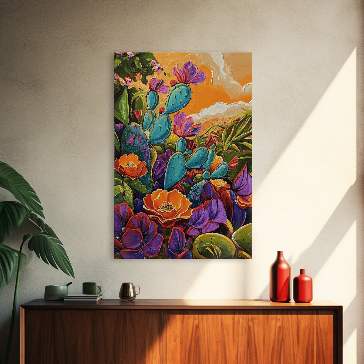 Prickly Wildflowers, Cactus, Garden, Framed Canvas Print floral cactus art, vibrant botanical painting, nature decor, desert boho living room