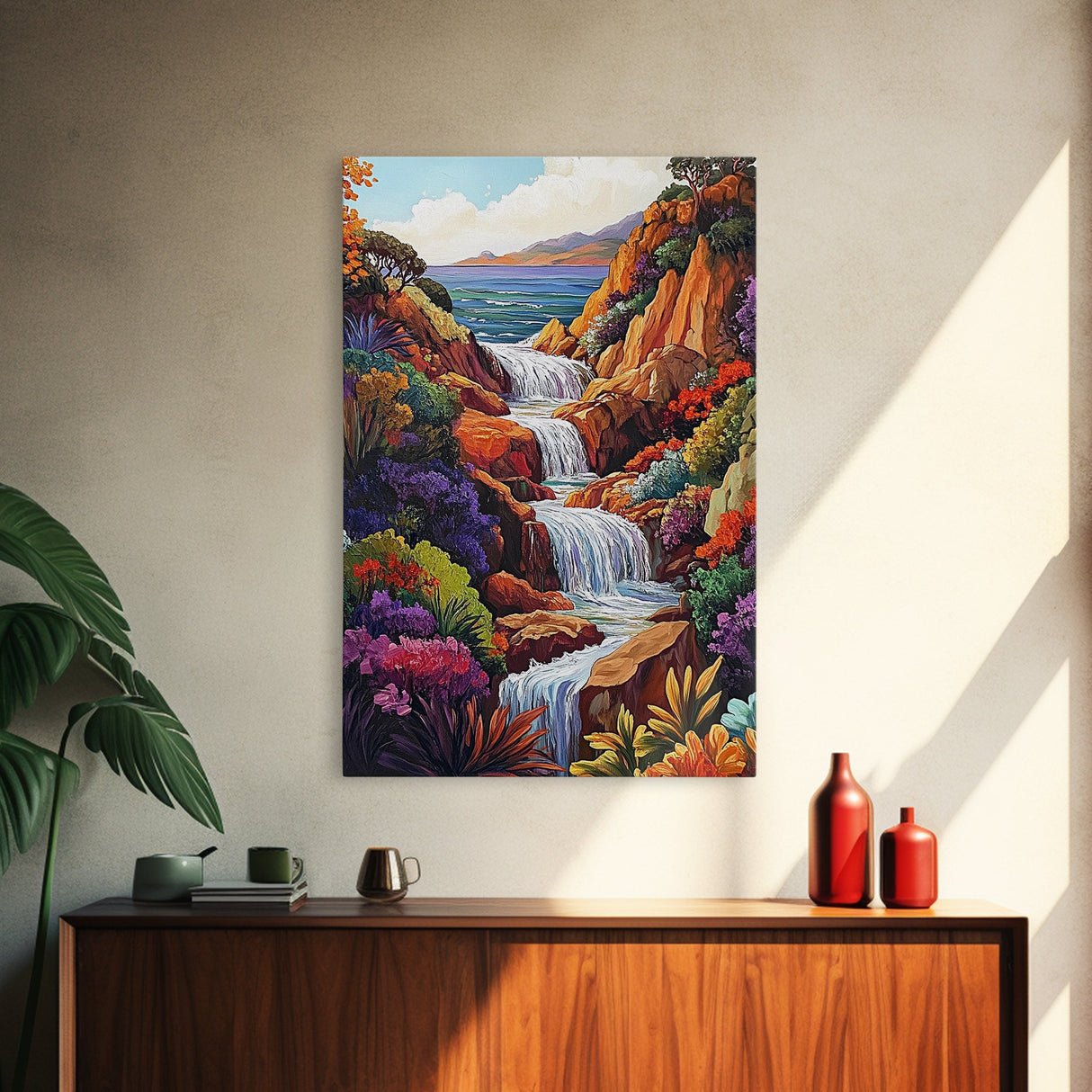 Cascading Falls, Ocean Cliffs, Tropical Flowers, Bold Nature, Framed Canvas Print, Living Room Wall Art, Maximalist Decor, Beach Art