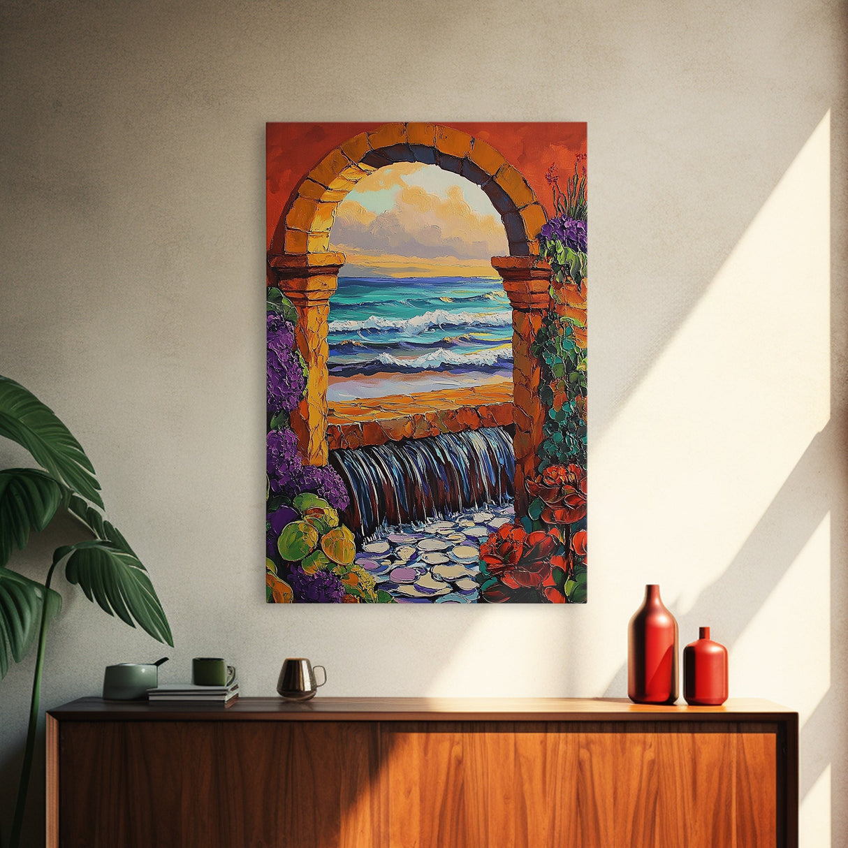 Stone Archway Ocean, Dreamy Seaside Scene, Romantic Sunset Art, Framed Canvas Print, Coastal Entryway Wall Art, Vacation Vibes