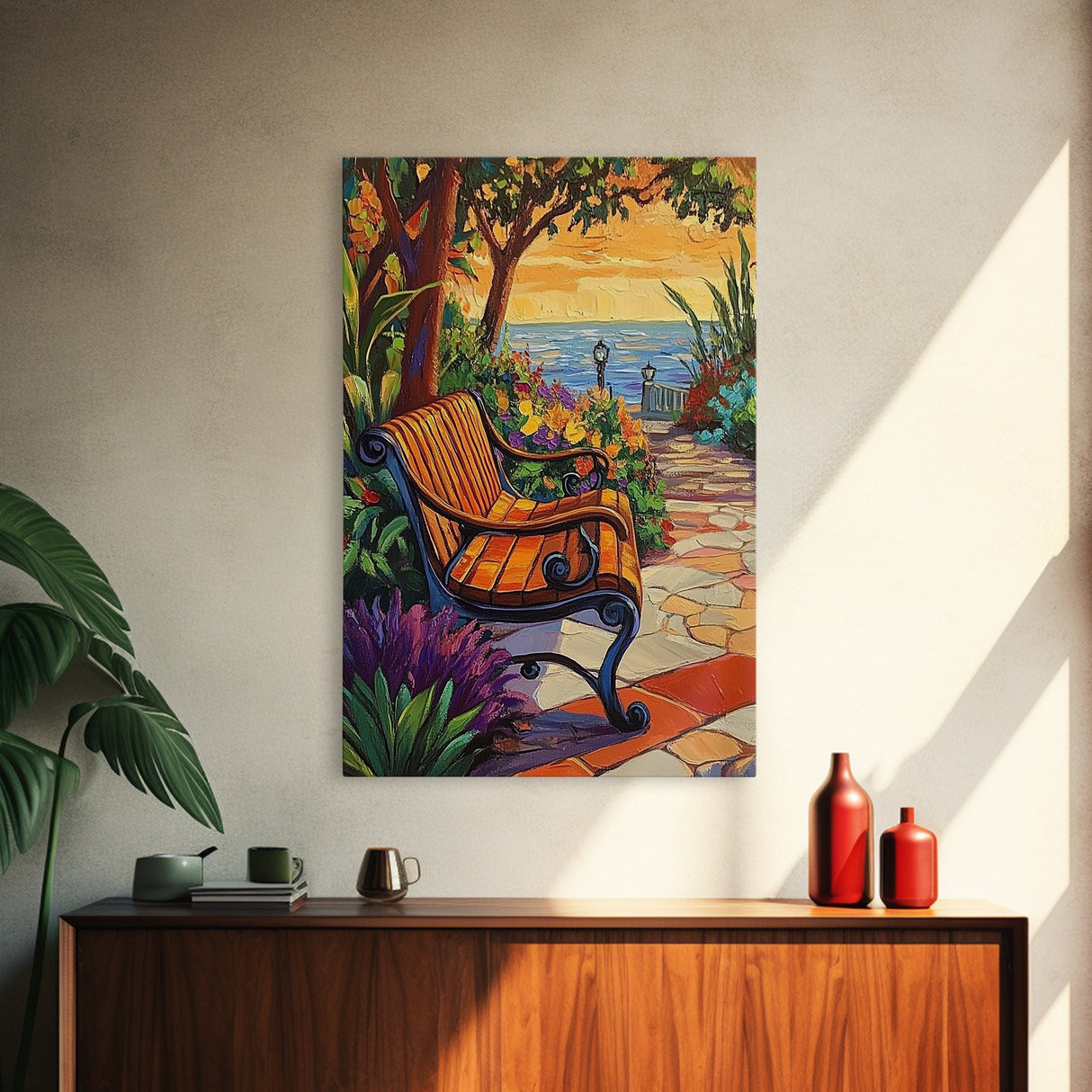 Sunset Garden Bench, Tranquil Nature Art, Romantic Outdoor View, Framed Canvas Print, Cozy Living Room Wall Art, Boho Landscape
