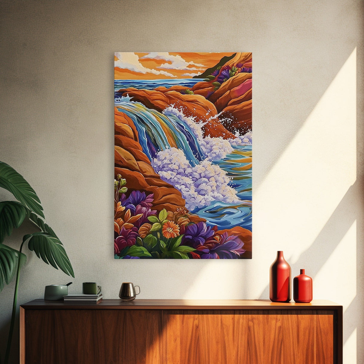 Coastal Waterfall, Ocean Rocks, Tropical Seascape, Sunset Art, Framed Canvas Print bathroom decor, beach lovers gift, colorful nature art