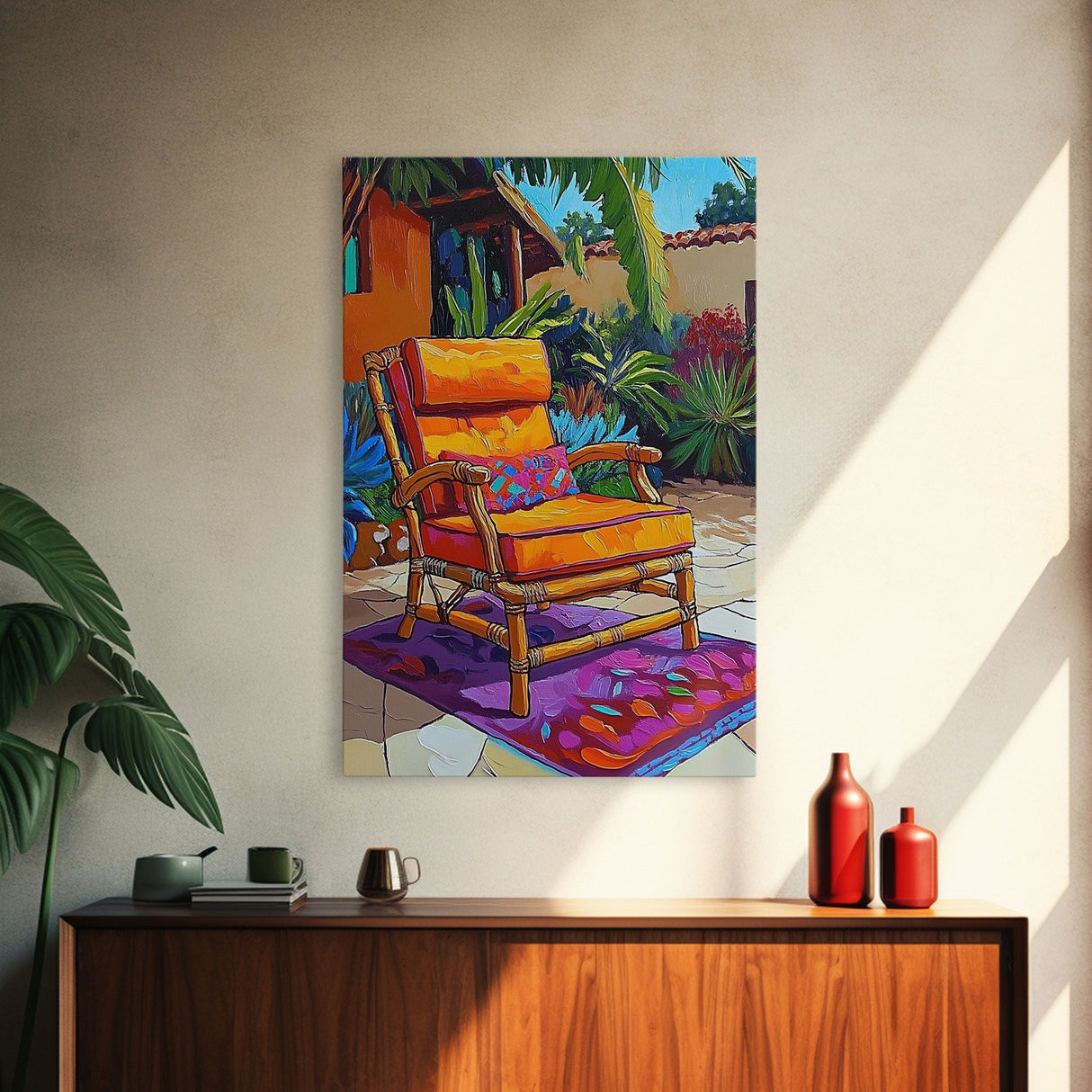 Chair Patio Palm, Tropical, Framed Canvas Print tropical garden wall art, colorful patio vibes, summer decor, boho sunroom wall art