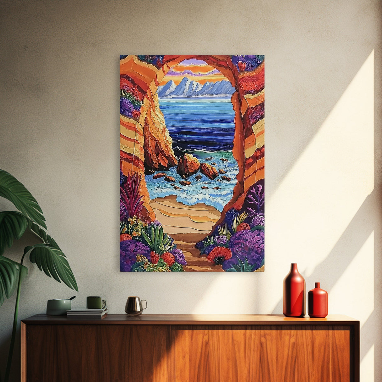 Coastal Archway, Ocean, Escape, Framed Canvas Print bold beach cave painting vivid seascape arch view boho tropical living room wall decor