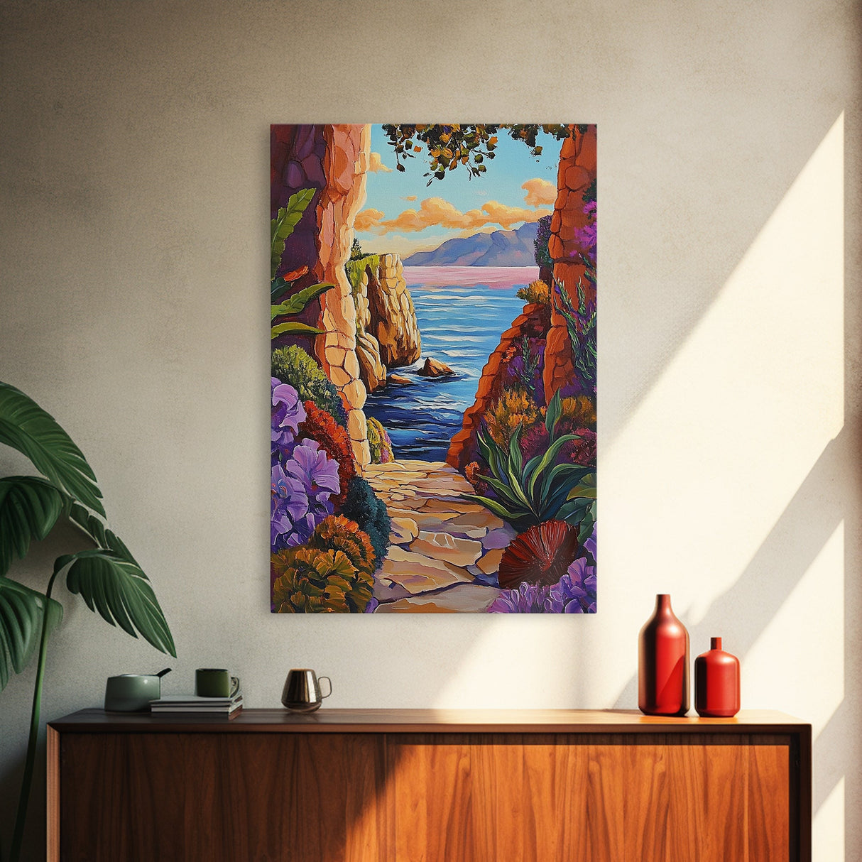 Pathway Ocean, Archway, Colorful Coastal View, Framed Canvas Print, Bohemian Hallway Art, Tropical Escape Decor, Vibrant Travel Scene
