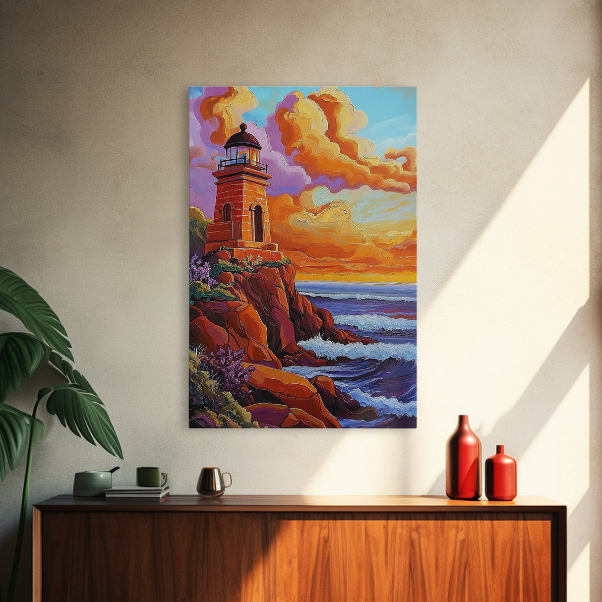 Lighthouse Sunset, Waves, Dramatic Coastal Sunset, Framed Canvas Print, Nautical Office Wall Art, Fall Coastal Decor, Bold Color Painting