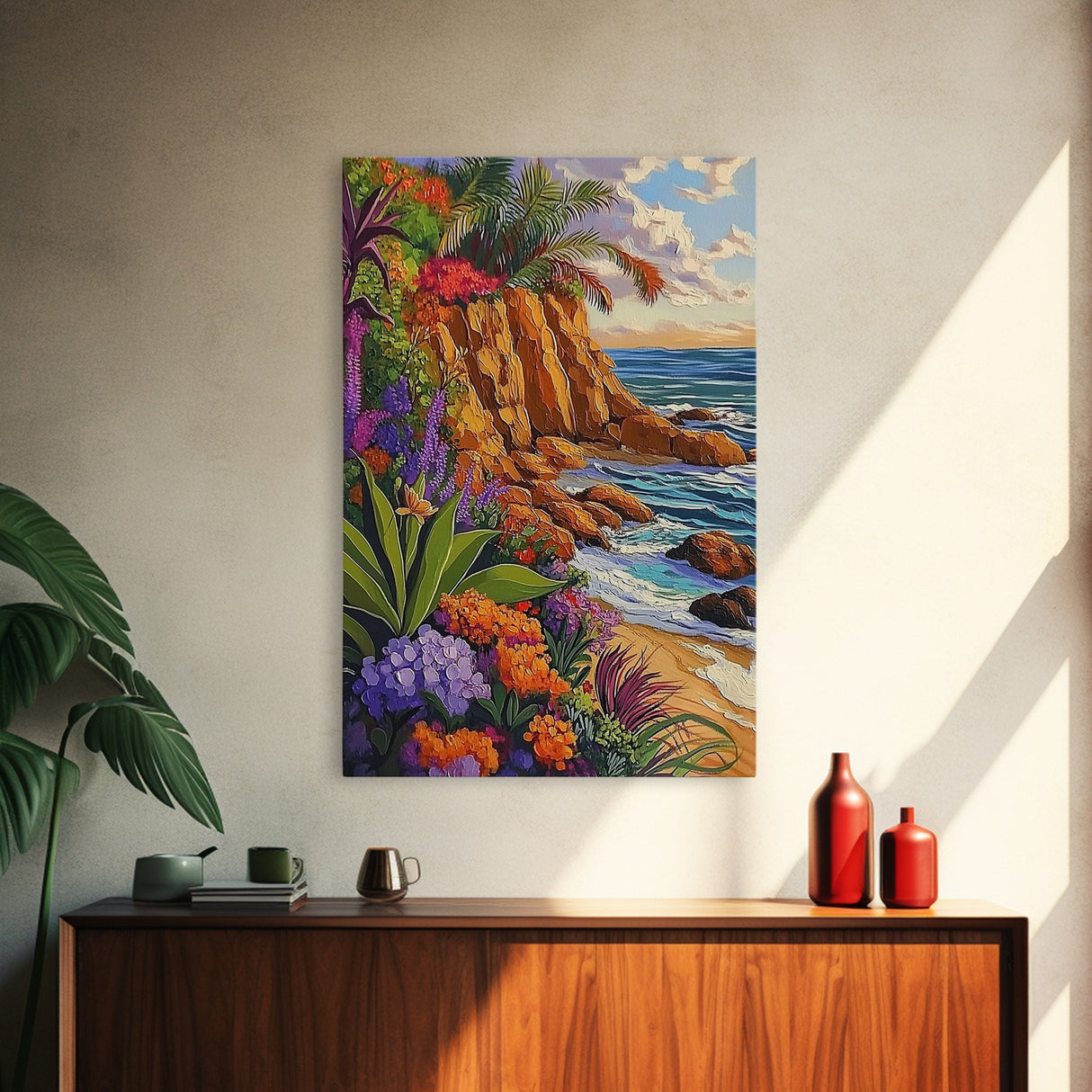 Tropical Coast, Flowers, Waves, Framed Canvas Print vibrant beach cliff wall art, coastal botanical boho decor, Living Room Wall Art