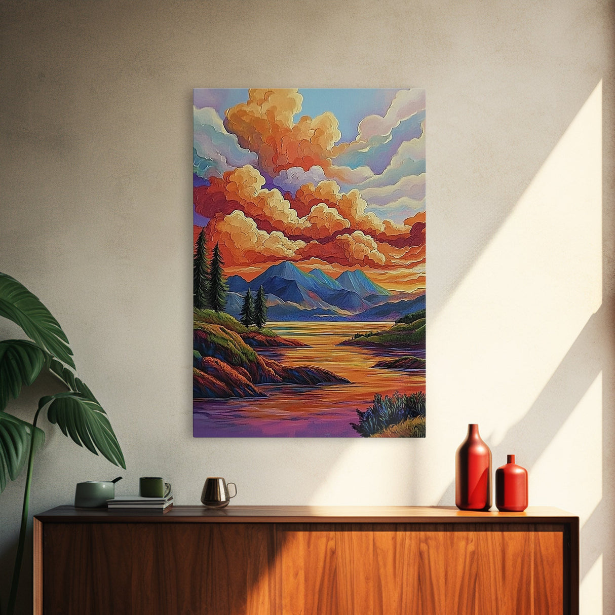 Mountains Lake, Sky Reflection, Canvas Print sunset mountain scene wall decor, serene nature landscape painting, Living Room Wall Art