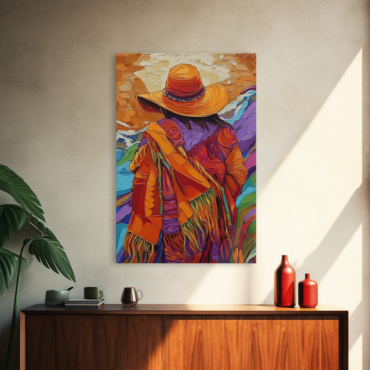 Woman, Hat, Mountains, Blanket, Canvas Print, Southwest-inspired woman with hat and blanket, rustic fall-themed living room wall decor