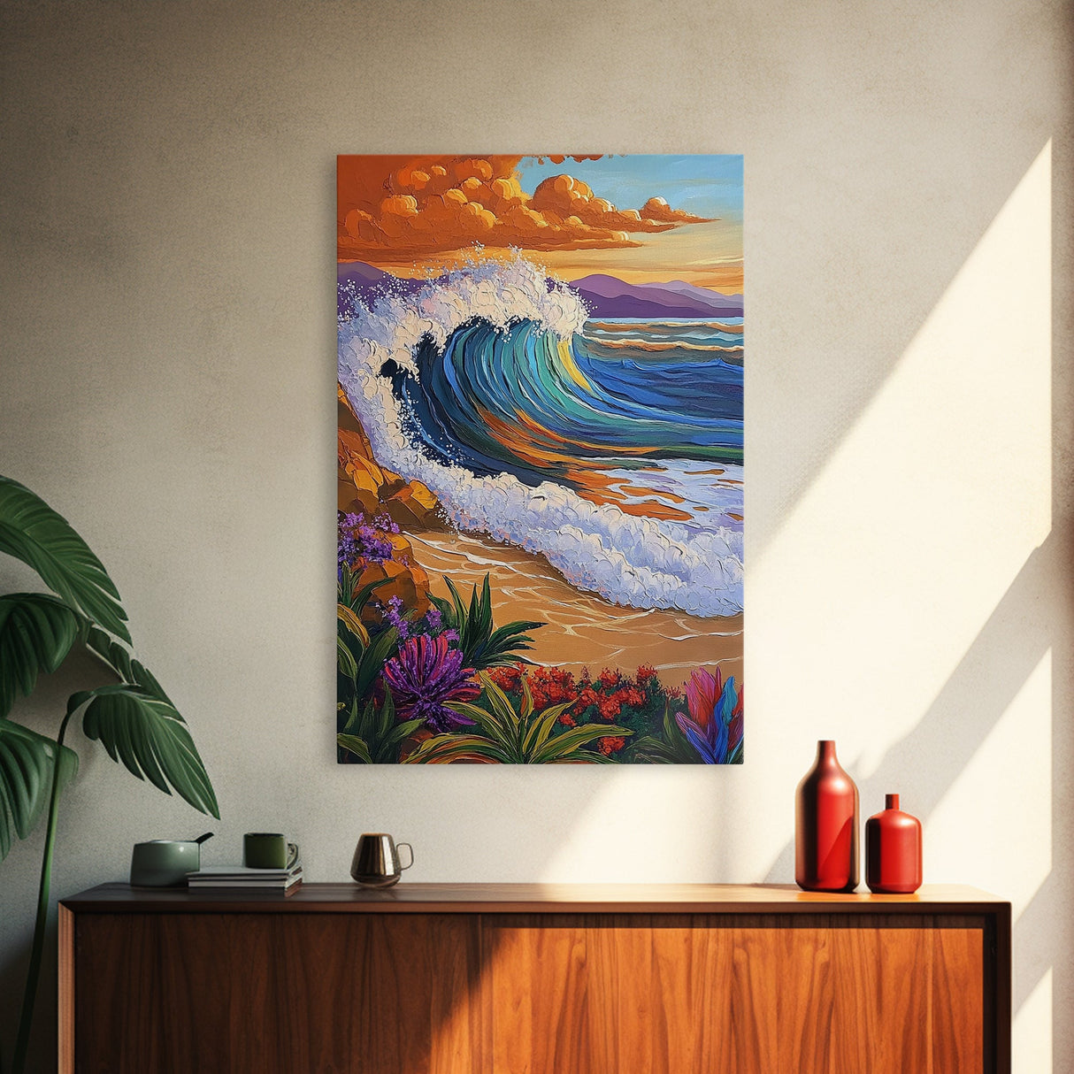 Wave Sunset, Ocean, Flowers, Canvas Print, Crashing sunset wave with tropical flowers, coastal bathroom and surf-themed wall decor