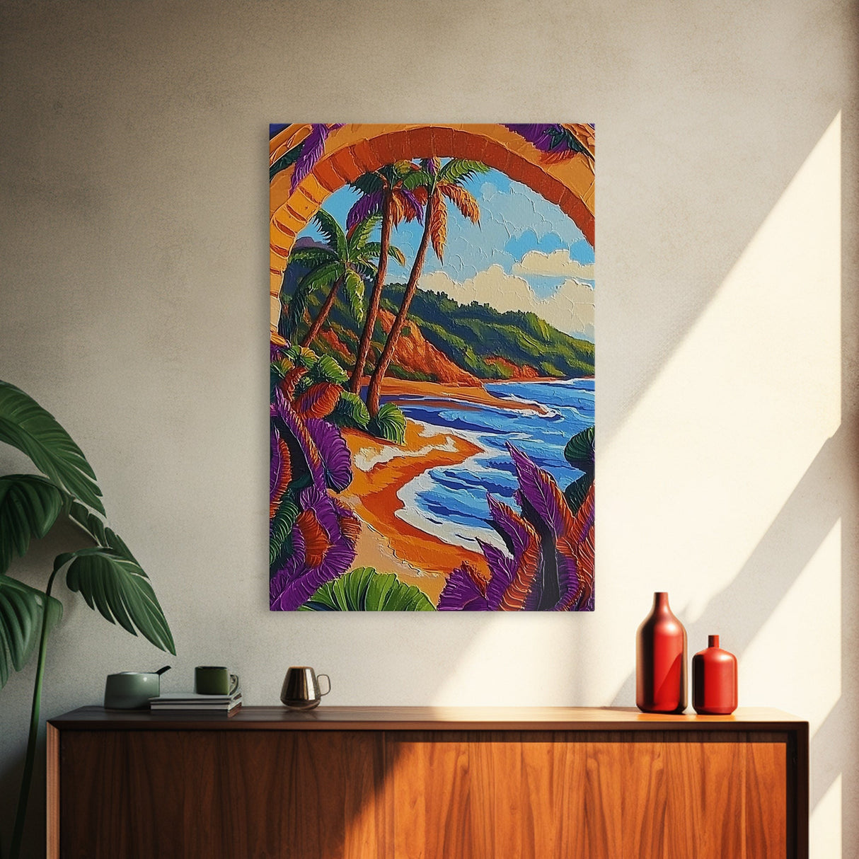 Tropical Palm, Beach, Archway, Canvas Print, Vibrant tropical beach with palm trees through archway, boho bedroom island-inspired wall decor