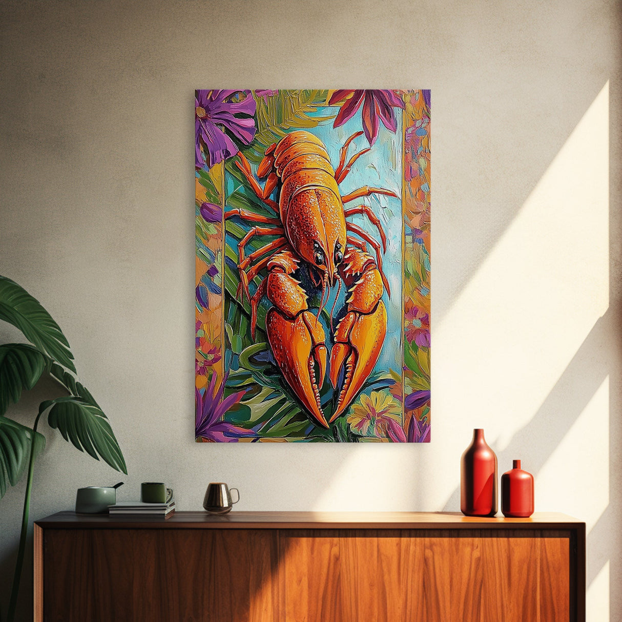 Lobster Coastal, Nautical, Kitchen, Framed Canvas Print, Bold orange lobster art with tropical florals, great coastal kitchen wall art
