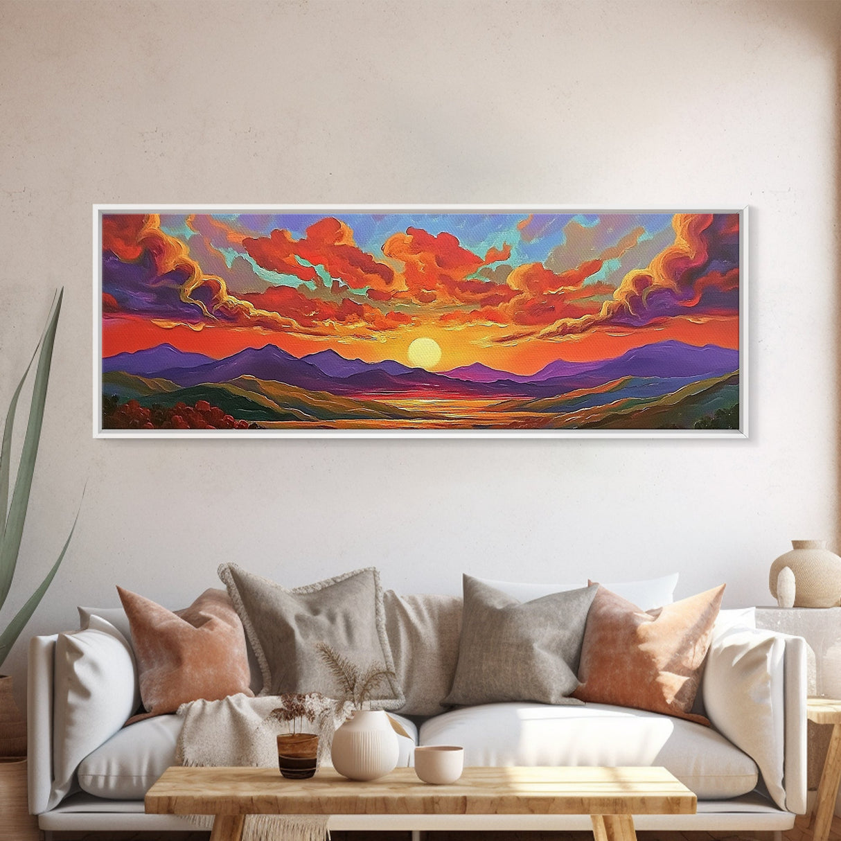 Sunset Cloudscape, Vibrant Sky Painting, Colorful Wall Decor, Nature Scene, Autumn Palette Living Room Framed Canvas Print, Office Art