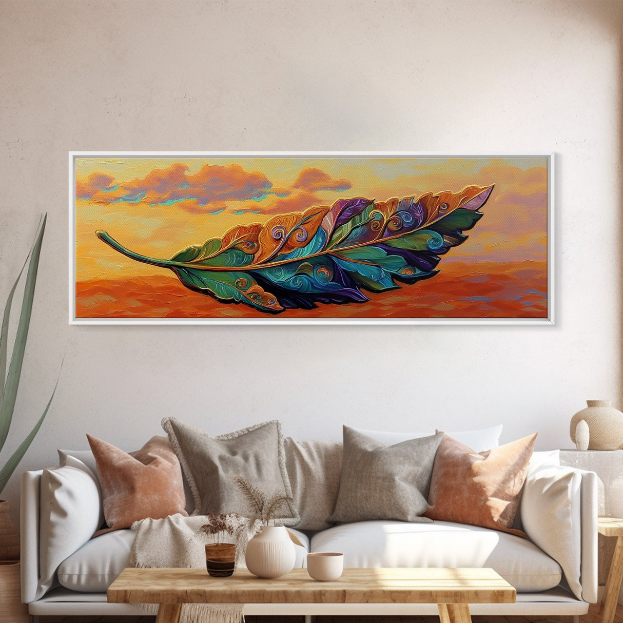 Colorful Leaf Art, Sunset Nature Decor, Vibrant Feather Design, Framed Canvas Print, Boho Wall Art, Entryway Accent Piece