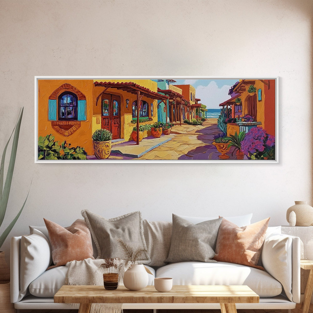 Coastal Village Street, Colorful Adobe Homes, Mediterranean Scene, Framed Canvas Print, Kitchen Wall Art, Rustic Living Room Decor