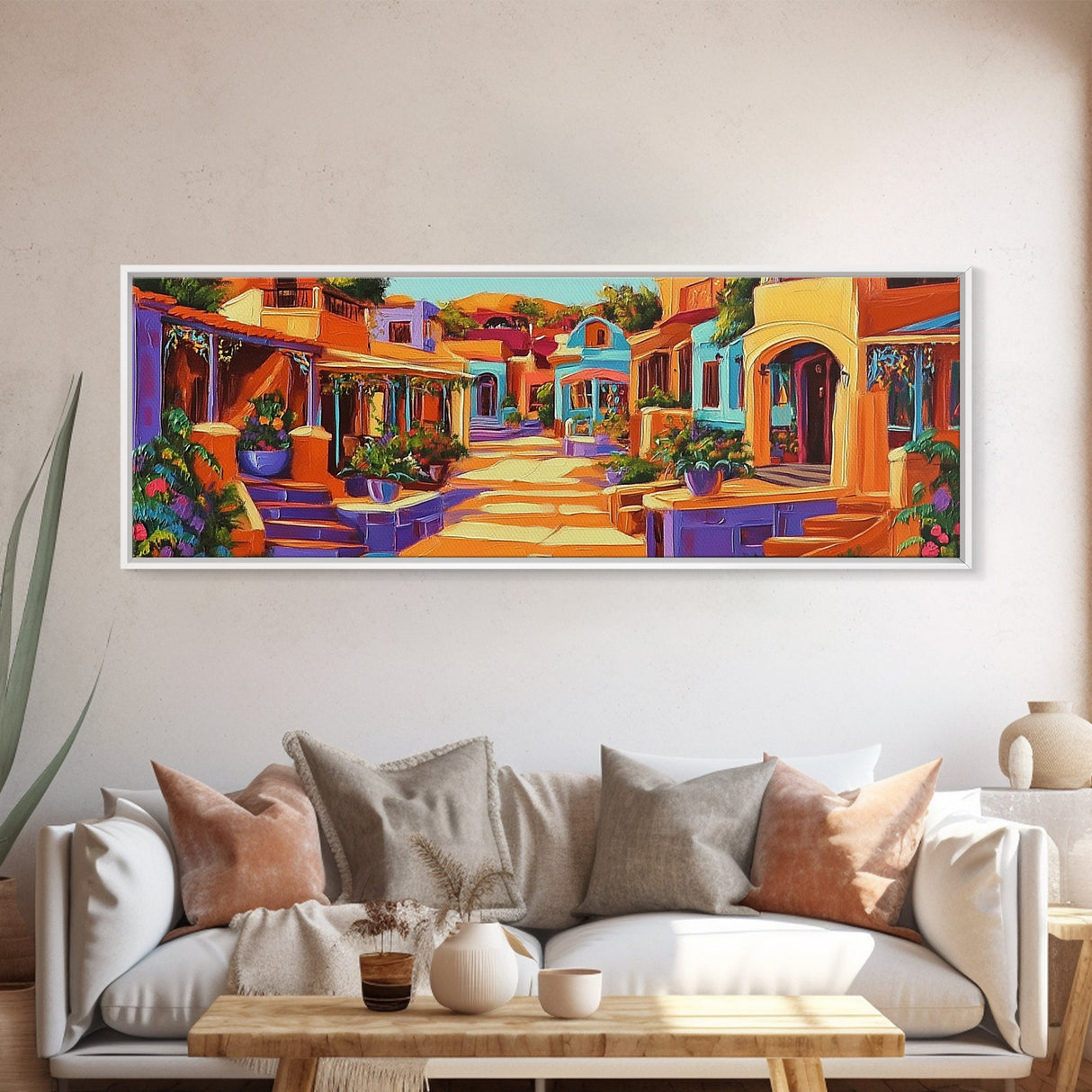 Colorful Village Lane, Bright Street Scene, Adobe Style Architecture, Framed Canvas Print, Boho Entryway Wall Art, Kitchen Decor