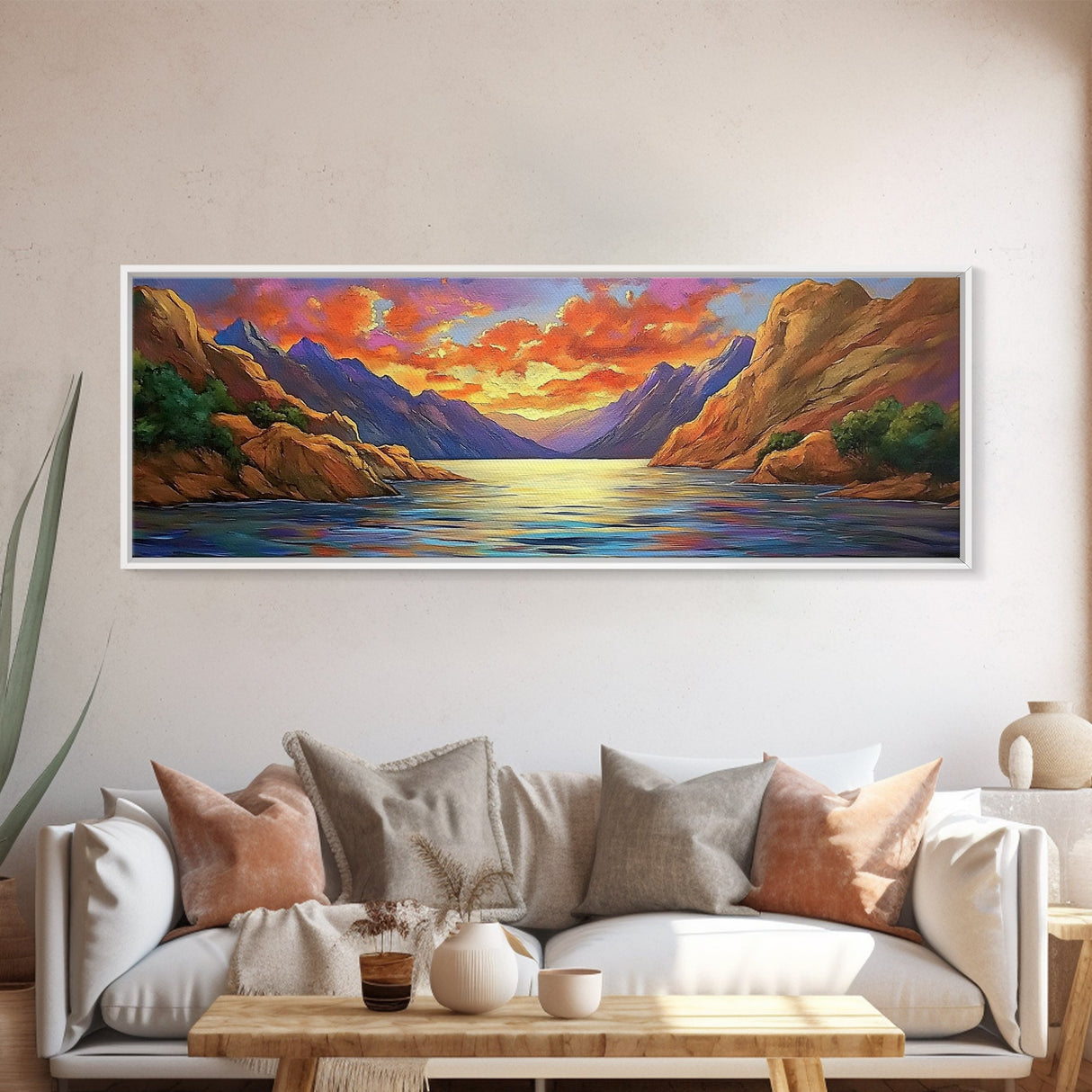 Sunset Lake, Mountain Reflection, Nature Glow, Framed Canvas Print, Scenic Wall Art, Autumn Decor, Cabin Artwork, Rustic Landscape Art