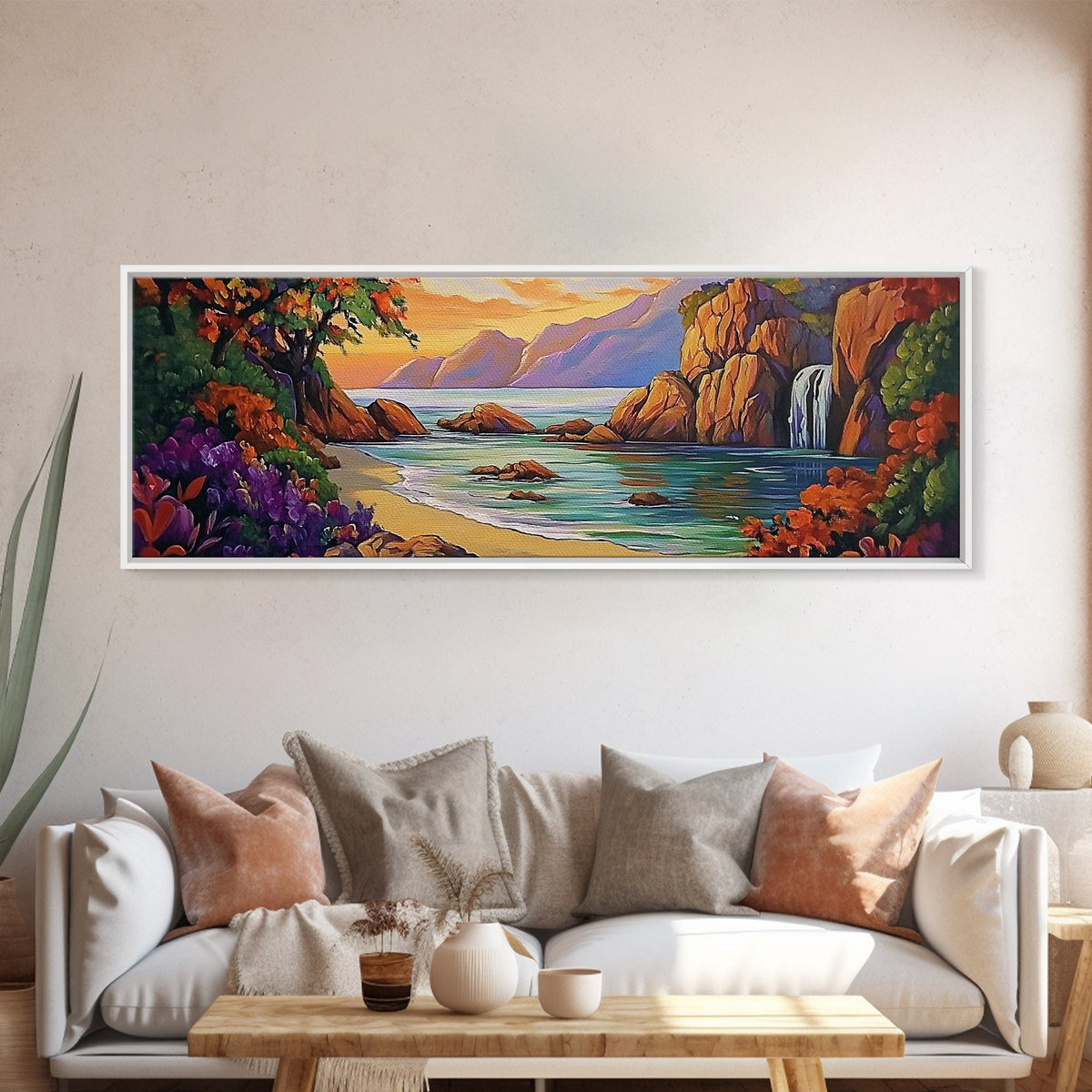 Waterfall Cove, Sunset Seascape, Tropical Paradise, Nature Retreat, Framed Canvas Print, Bathroom Wall Art, Vibrant Coastal Art