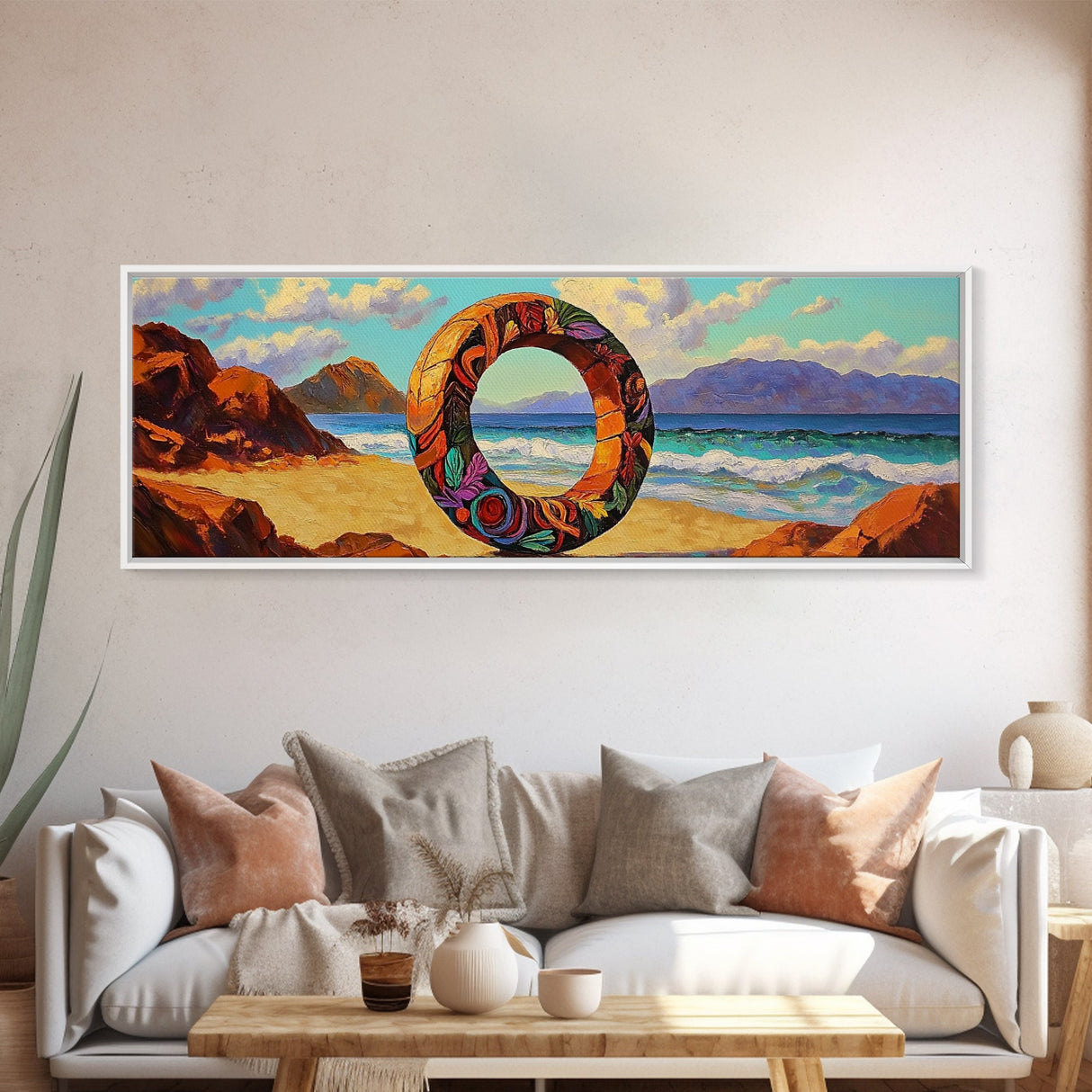 Vibrant Ocean Ring, Bold Coastal Art, Fantasy Beach Scene, Canvas Print, Modern Living Room Wall Art, Surreal Landscape Art