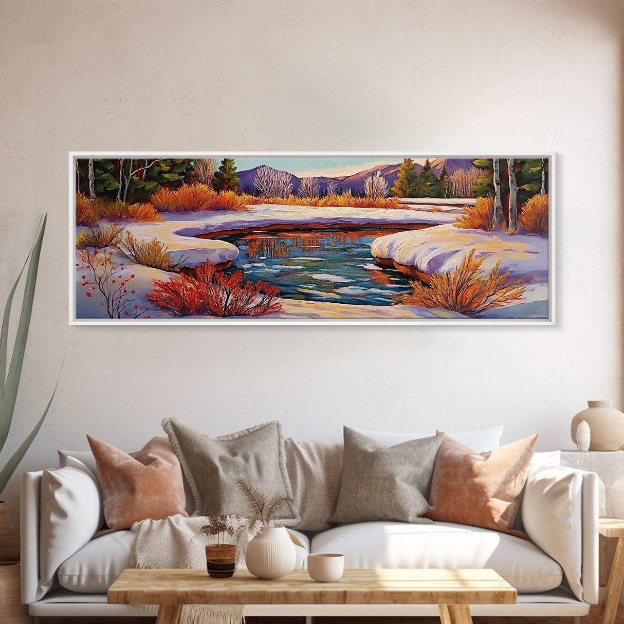 Snowy Mountain Pond, Winter Forest Stream, Sunset Reflection, Canvas Print, Rustic Cabin Wall Art, Nature Landscape Art