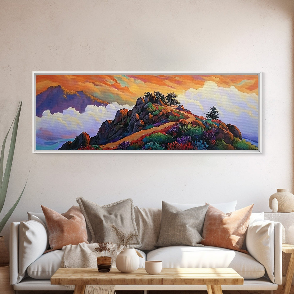 Mountain Peak Trail, Vibrant Sunset Hike Scene, Nature Adventure Wall Art, Framed Canvas Print, Boho Office or Den Decoration