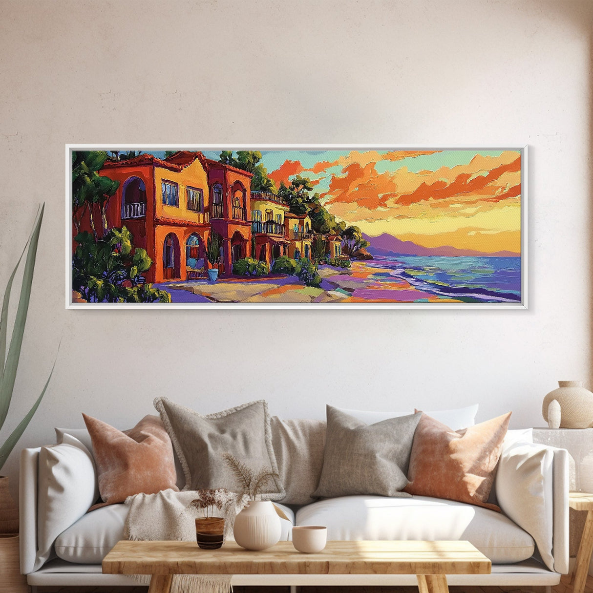 Coastal Village Sunset, Beach House Art, Vibrant Colorful Home Decor, Tropical Wall Style, Framed Canvas Print, Vacation Vibes