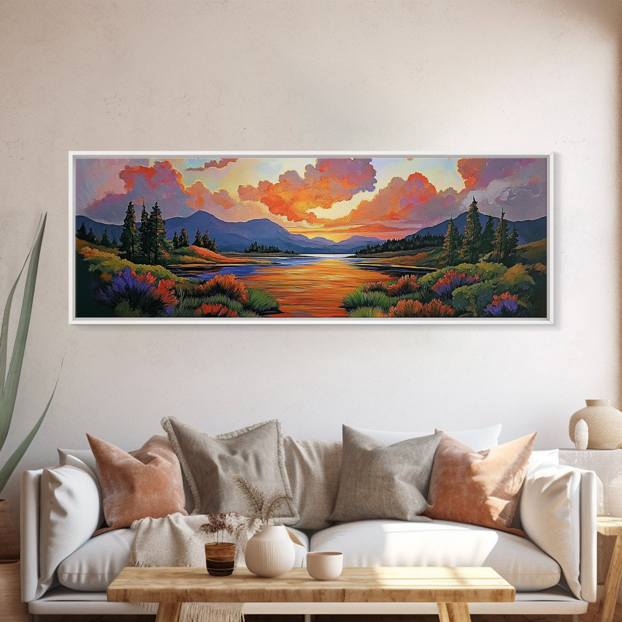 Sunset River, Nature Glow, Autumn Lake, Canvas Print, colorful sunset landscape, rustic mountain scene, Fall decor, cabin wall art