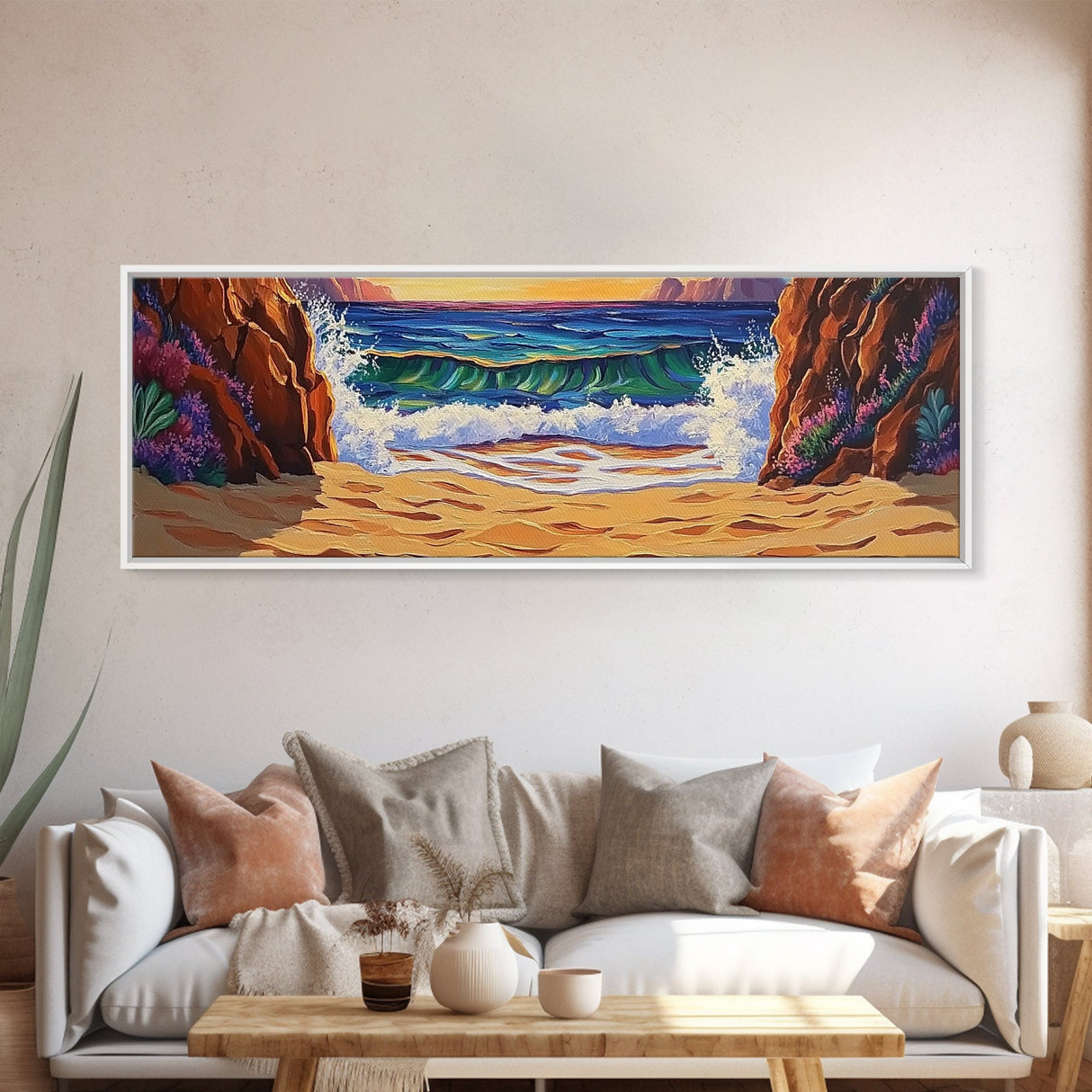 Seaside Cove, Ocean Escape, Beach Waves, Canvas Print, tropical coastal painting, vibrant ocean wall art, bathroom nautical print