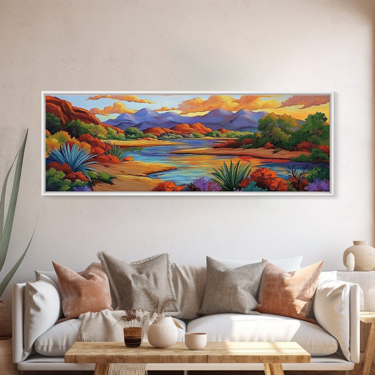 Desert River Colors, Southwest Landscape, Mountain Sunset, Framed Canvas Print, Living Room Wall Art, Earthy Tones, Fall Boho Decor