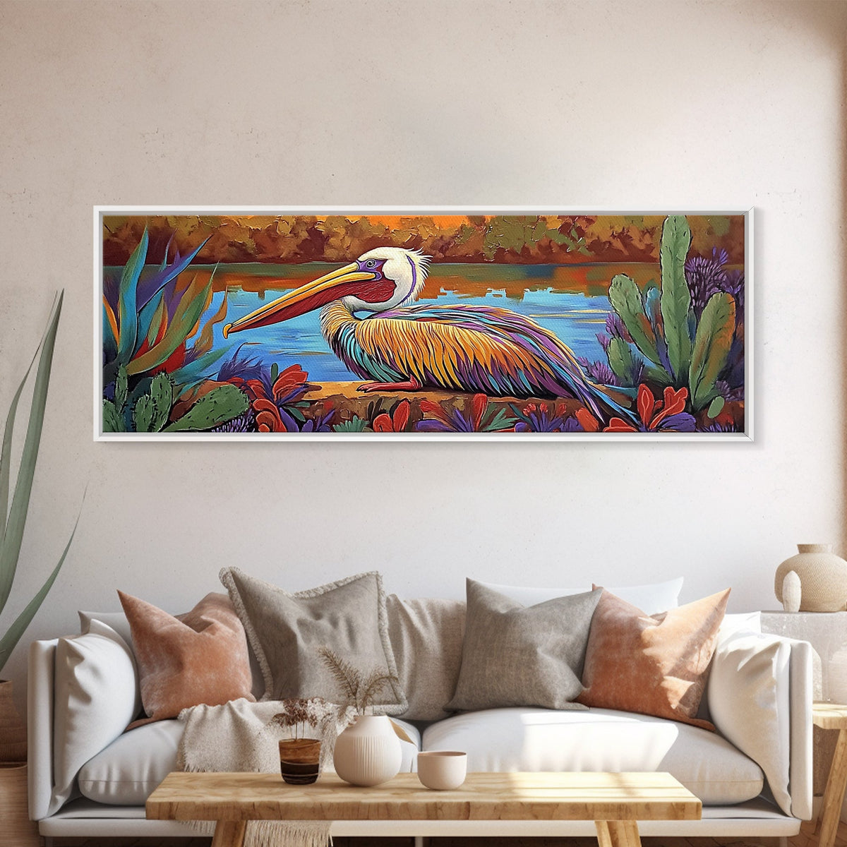 Colorful Pelican, Tropical Bird, Lake Wildlife, Autumn Palette, Framed Canvas Print, Boho Nature Wall Art, Dining Room Bird Artwork