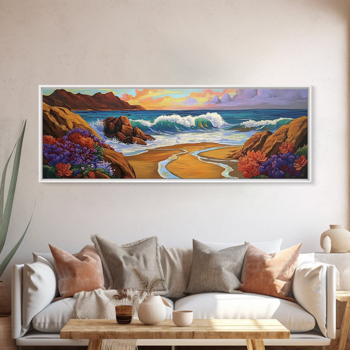 Coastal Wave, Bold Surf, Rocky Sunset, Flower Shoreline, Framed Canvas Print, Nautical Art, Bathroom Beach Landscape Decor