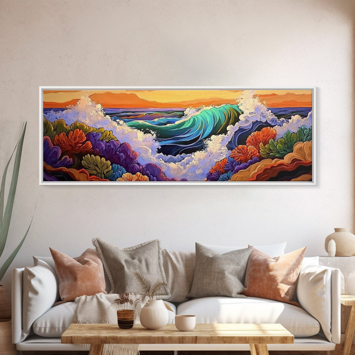 Ocean Wave, Underwater Reef, Vibrant Coral, Seascape Drama, Framed Canvas Print, Tropical Bathroom Art, Marine Life Painting