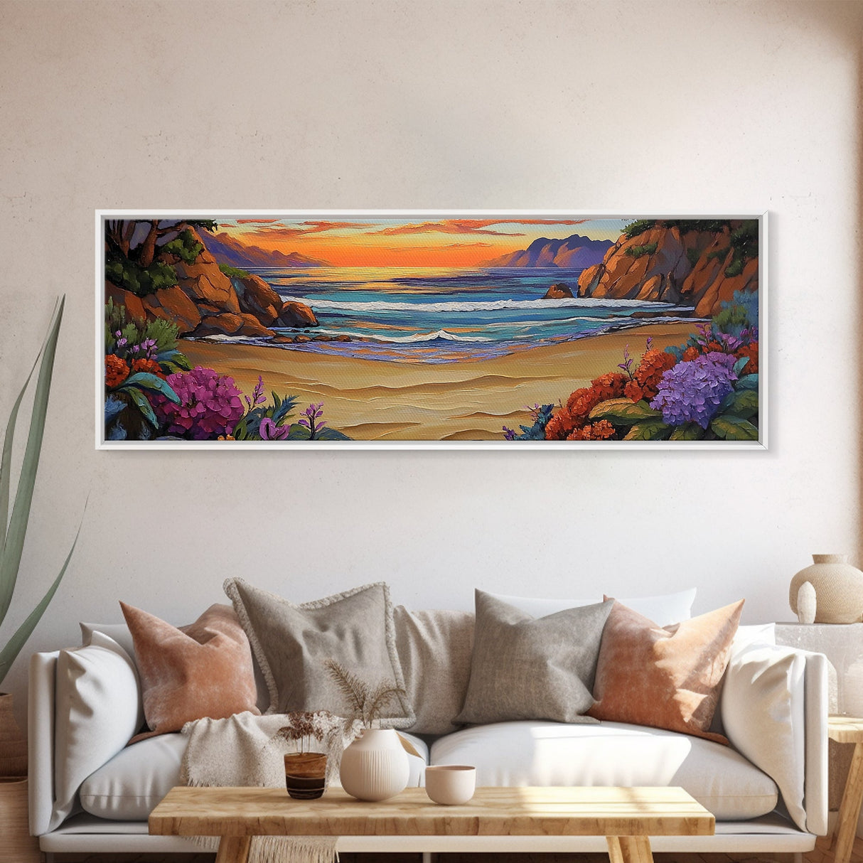Tranquil Beach Sunset, Colorful Coastal Scene, Ocean Cliff View, Floral Accents, Framed Canvas Print, Dining Room art, Office Art
