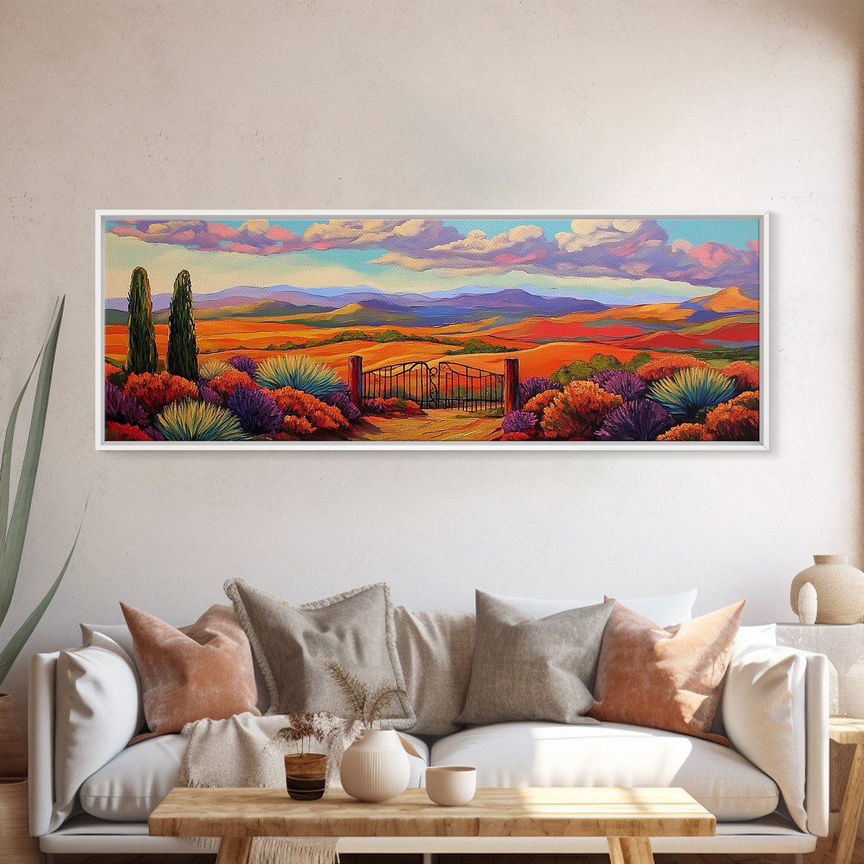 Mountain Sunset View, Western Hillside, Country Valley Gate, Framed Canvas Print, Fall Landscape Art, Rustic Farmhouse Decor
