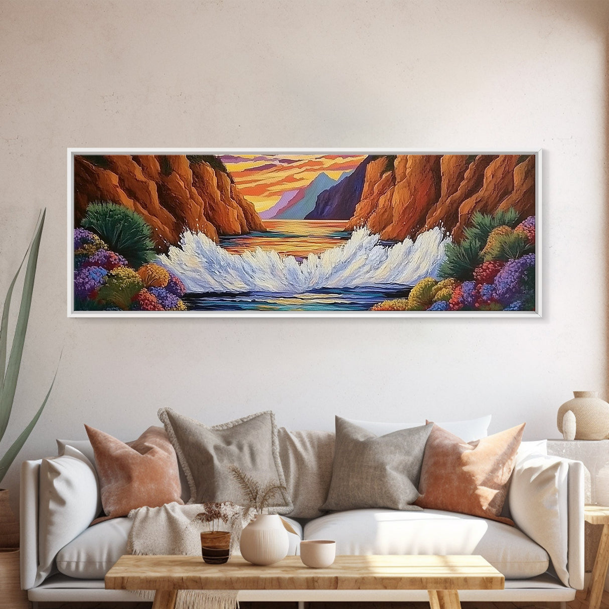Ocean Splash, Sunset Cliffs, Nature Colors, Framed Canvas Print, Coastal Wall Art, Living Room Decor, Bold Landscape, Expressionist Art