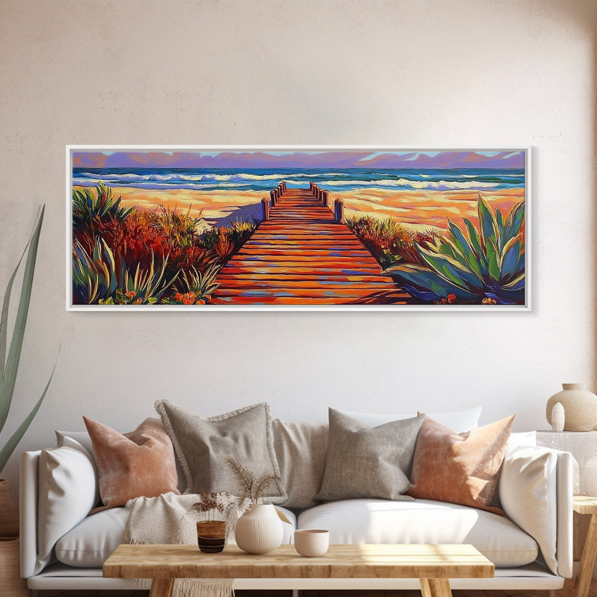 Seaside Path Art, Beach Boardwalk Print, Coastal Nature Scene, Tropical Living Room Wall Decor, Boho Style Framed Canvas Print