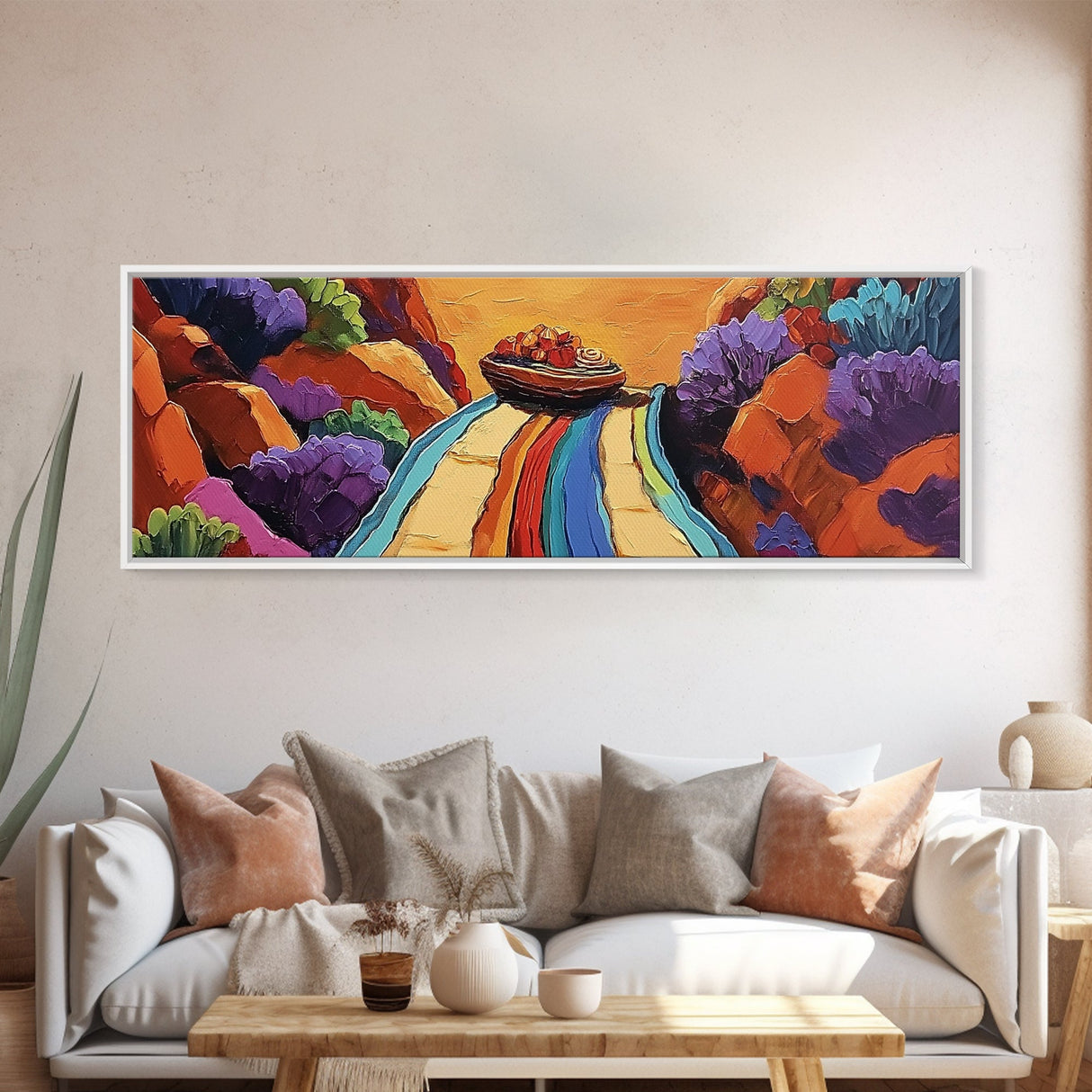 Mexican Blanket Table, Colorful Still Life, Canyon View, Canvas Print, Kitchen Wall Art, Folk Style Decor, Boho Dining Room Art