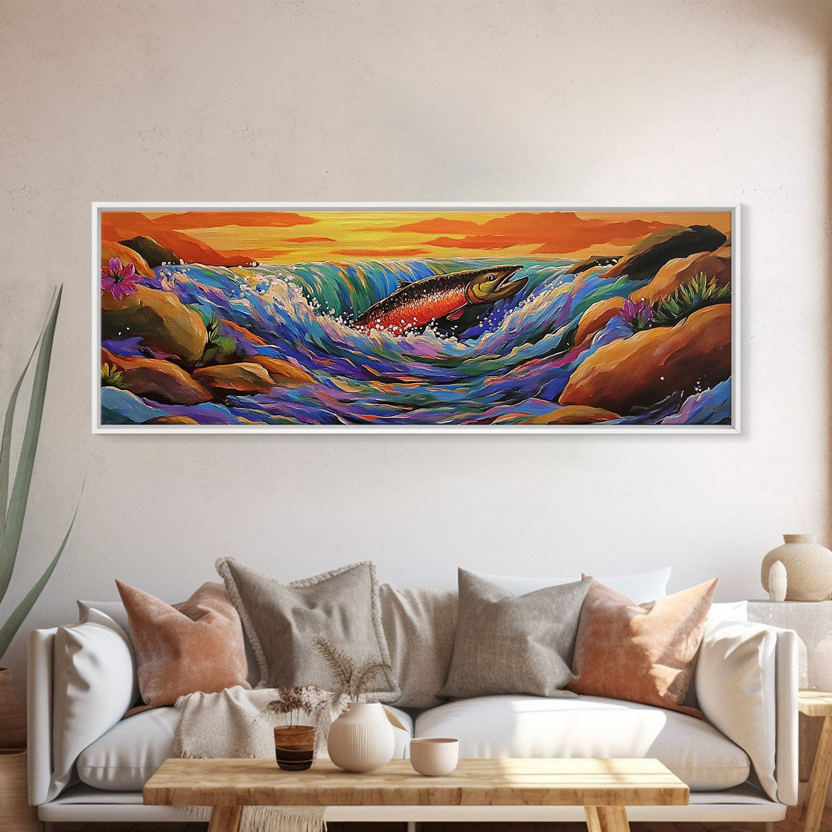Leaping Salmon, River Fishing Scene, Wildlife Painting, Framed Canvas Print, Cabin Wall Art, Bold Nature Decor, Rustic Style
