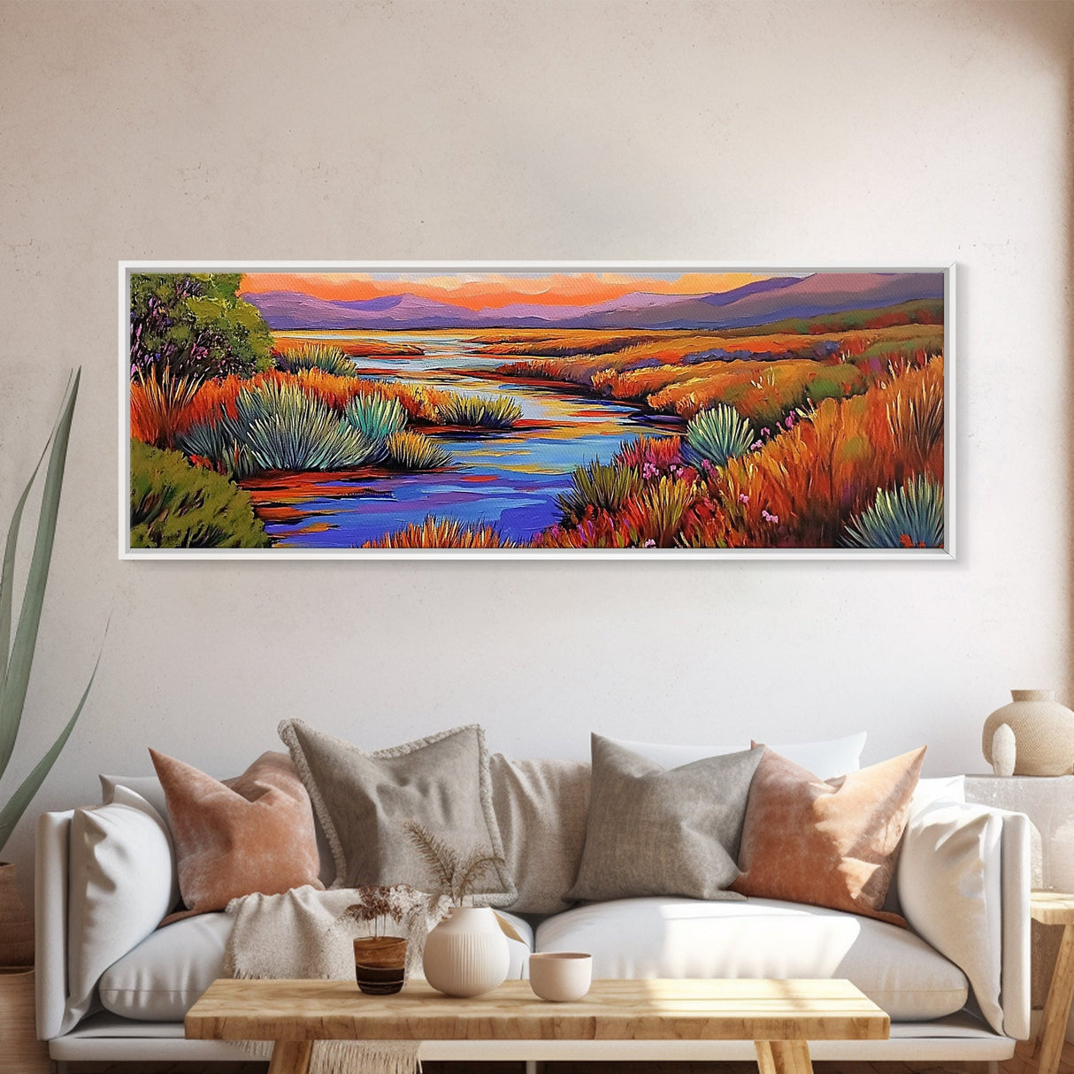 Autumn River Landscape, Colorful Nature Scene, Southwest Wall Art, Framed Canvas Print, Fall Living Room Decor, Warm Tones