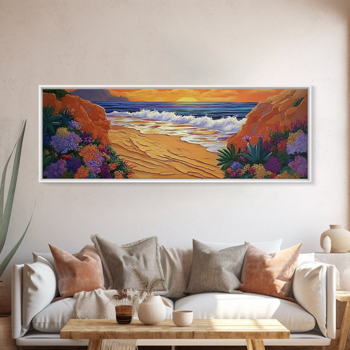 Tropical Cove, Sunset Beach, Colorful Blooms, Coastal Escape Framed Canvas Print, Bedroom Wall Art, Bold Landscape Painting