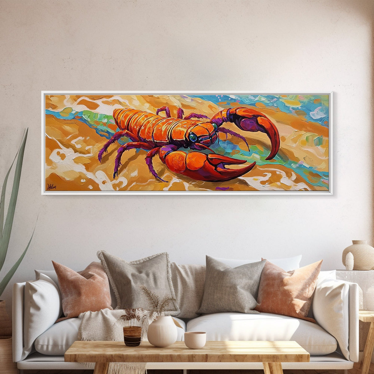 Lobster Beach Art, Ocean Colors, Bold Seafood, Seaside Fun Framed Canvas Print, Kitchen Wall Art, Nautical Beach House Decor