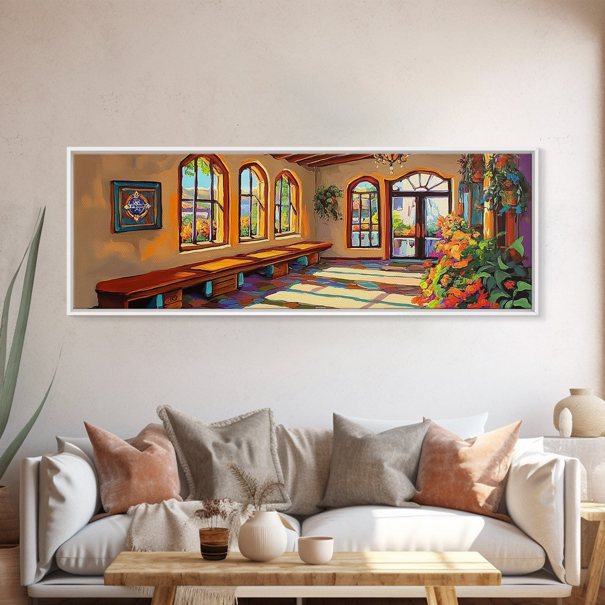 Sunlit Adobe Room, Southwest Architecture Art, Spanish Villa Scene, Rustic Warm Tones, Framed Canvas Print, Hallway Hacienda Decor